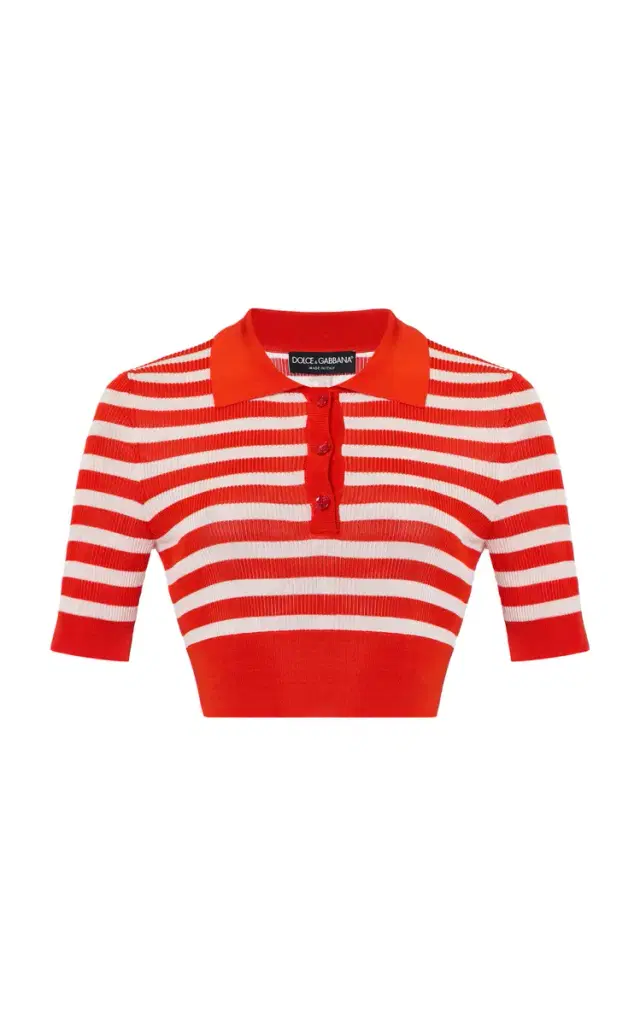 Dolce & Gabbana Striped Ribbed-Knit Cropped Polo Shirt