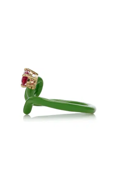 Bea Bongiasca 9kt Yellow Gold And Silver With Green Enamel And Marquise Cut Corundum | Thumbnail 3