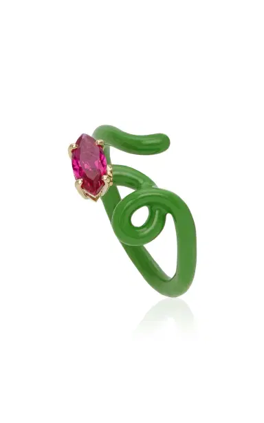 Bea Bongiasca 9kt Yellow Gold And Silver With Green Enamel And Marquise Cut Corundum | Thumbnail 4
