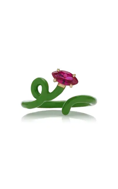 Bea Bongiasca 9kt Yellow Gold And Silver With Green Enamel And Marquise Cut Corundum | Thumbnail 1