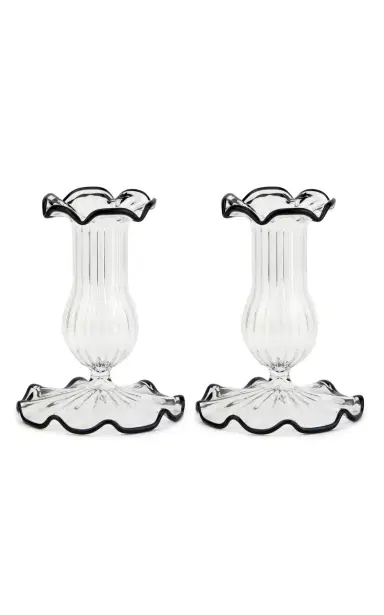 Moda Domus Set-Of-Two Small Scalloped Glass Candle Sticks - Blue | Thumbnail 2