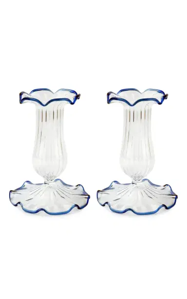 Moda Domus Set-Of-Two Small Scalloped Glass Candle Sticks - Blue | Thumbnail 5