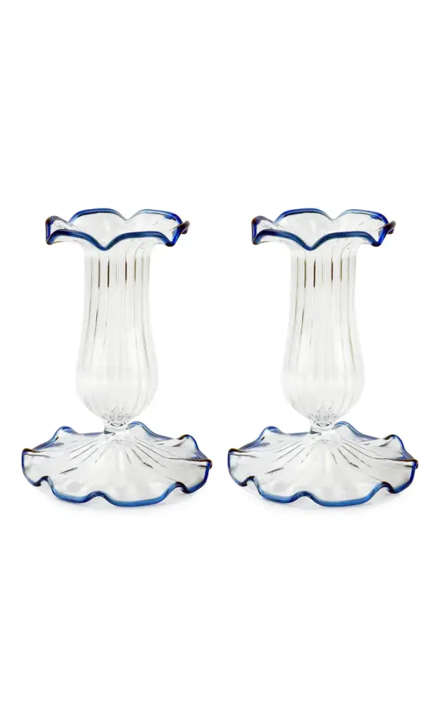 Moda Domus Set-Of-Two Small Scalloped Glass Candle Sticks - Blue