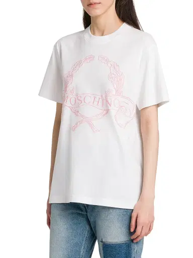 MOSCHINO Women's Embroidered Crest Logo Cotton T-Shirt - Multi White - Size XL | Thumbnail 4 MOSCHINO Women's Embroidered Crest Logo Cotton T-Shirt - Multi White - Size XL | Thumbnail 4