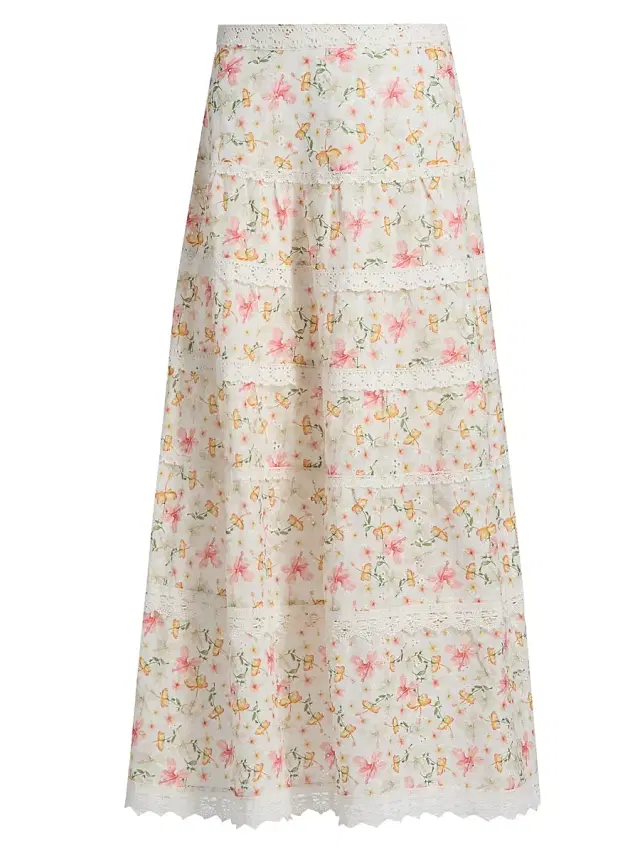 If Only Studio Women's Floral Crochet-Trim Midi-Skirt - Ecru Multi