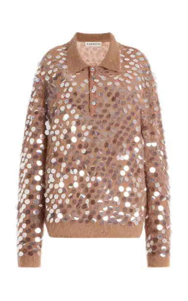 ZANKOV Adora Sequined Mohair-Blend Polo Sweater - Neutral | Thumbnail 1