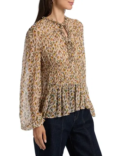 Ulla Johnson Women's Robbie Feather-Print Silk Tie-Front Blouse - Swan | Thumbnail 4