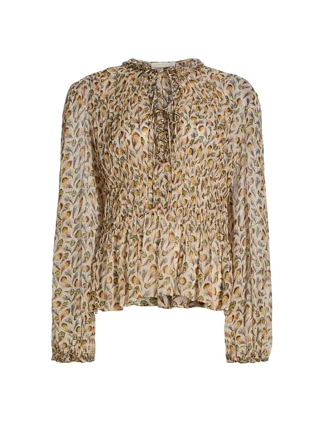 Ulla Johnson Women's Robbie Feather-Print Silk Tie-Front Blouse - Swan