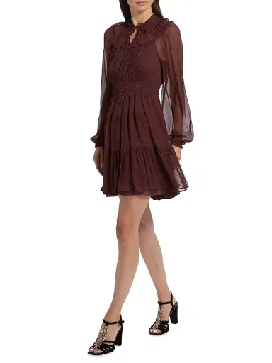 Ulla Johnson Women's Ava Silk Tiered Long-Sleeve Minidress - Mahogany | Thumbnail 2