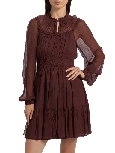 Ulla Johnson Women's Ava Silk Tiered Long-Sleeve Minidress - Mahogany | Thumbnail 3