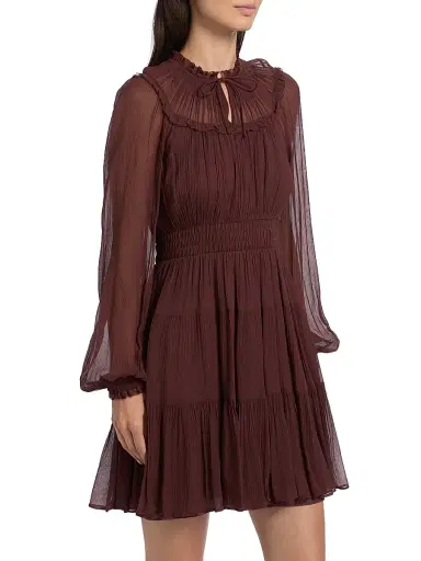 Ulla Johnson Women's Ava Silk Tiered Long-Sleeve Minidress - Mahogany | Thumbnail 4