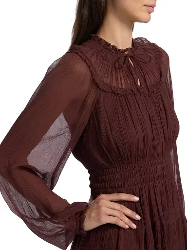 Ulla Johnson Women's Ava Silk Tiered Long-Sleeve Minidress - Mahogany | Thumbnail 6