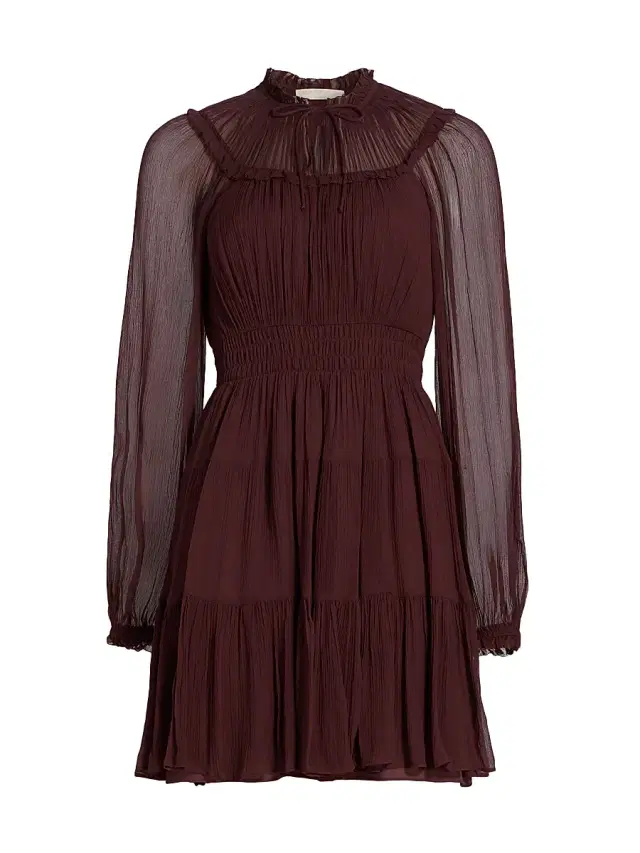Ulla Johnson Women's Ava Silk Tiered Long-Sleeve Minidress - Mahogany