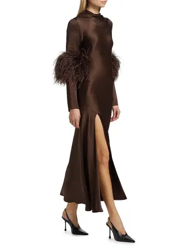 Lapointe Women's Satin Feather-Cuff Draped Gown - Dark Brown - Size 10 | Thumbnail 2