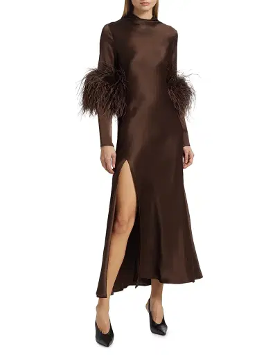 Lapointe Women's Satin Feather-Cuff Draped Gown - Dark Brown - Size 10 | Thumbnail 3