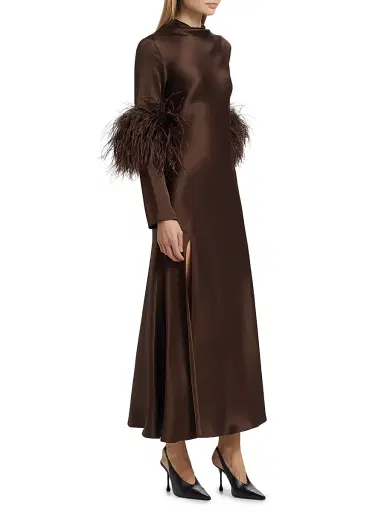 Lapointe Women's Satin Feather-Cuff Draped Gown - Dark Brown - Size 10 | Thumbnail 4