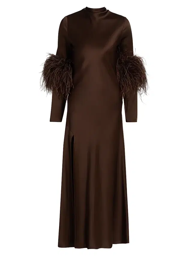 Women's Satin Feather-Cuff Draped Gown - Dark Brown