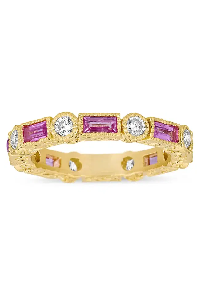 Modern Etruscan Pink Sapphire Baguette & Diamond Stack Ring