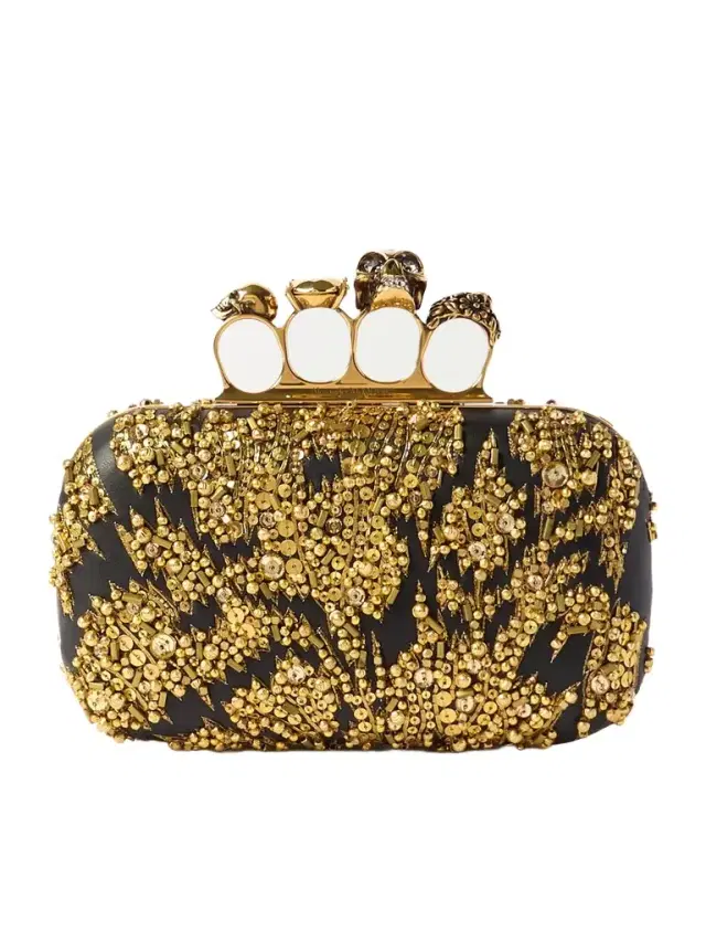 Skull Four Ring Embellished Leather Clutch