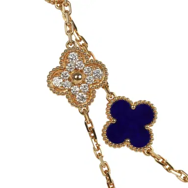 Van Cleef & Arpels Van Cleef & Arpels "Vendome" Vintage Alhambra 20 Motif Long Necklace Blue Sevres Porcelain 18K Yellow Gold Hardware & Diamonds | Thumbnail 3 Van Cleef & Arpels Van Cleef & Arpels "Vendome" Vintage Alhambra 20 Motif Long Necklace Blue Sevres Porcelain 18K Yellow Gold Hardware & Diamonds | Thumbnail 3