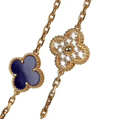 Van Cleef & Arpels Van Cleef & Arpels "Vendome" Vintage Alhambra 20 Motif Long Necklace Blue Sevres Porcelain 18K Yellow Gold Hardware & Diamonds | Thumbnail 4 Van Cleef & Arpels Van Cleef & Arpels "Vendome" Vintage Alhambra 20 Motif Long Necklace Blue Sevres Porcelain 18K Yellow Gold Hardware & Diamonds | Thumbnail 4