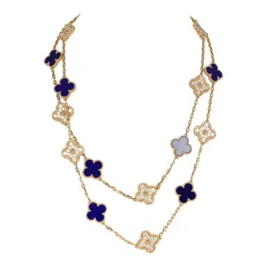 Van Cleef & Arpels Van Cleef & Arpels "Vendome" Vintage Alhambra 20 Motif Long Necklace Blue Sevres Porcelain 18K Yellow Gold Hardware & Diamonds | Thumbnail 1 Van Cleef & Arpels Van Cleef & Arpels "Vendome" Vintage Alhambra 20 Motif Long Necklace Blue Sevres Porcelain 18K Yellow Gold Hardware & Diamonds | Thumbnail 1