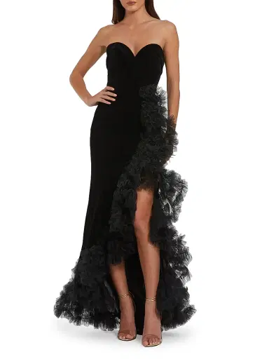Mac Duggal Women's Frilled-Slit Crossover Bustier Gown - Black - Size 14 | Thumbnail 1 Mac Duggal Women's Frilled-Slit Crossover Bustier Gown - Black - Size 14 | Thumbnail 1