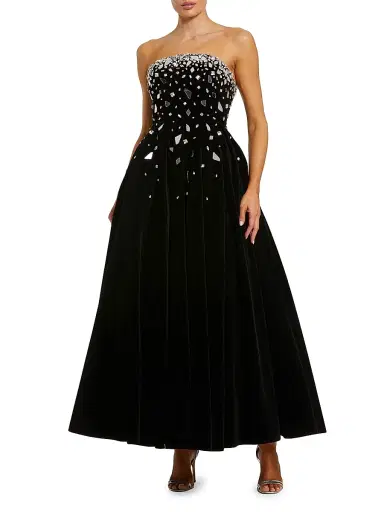 Mac Duggal Women's Glass-Embellished Velvet Tea-Length Dress | Thumbnail 1 Mac Duggal Women's Glass-Embellished Velvet Tea-Length Dress | Thumbnail 1