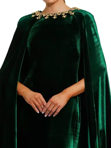 Mac Duggal Women's Embellished-Neckline Velvet Cape Gown - Deep Green - Size 24 | Thumbnail 3
