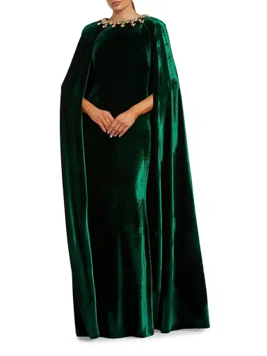 Mac Duggal Women's Embellished-Neckline Velvet Cape Gown - Deep Green - Size 24 | Thumbnail 1