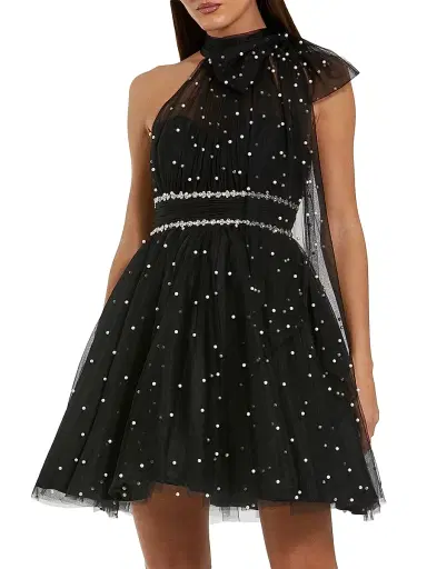 Mac Duggal Women's Embellished Tulle Mini Cocktail Dress - Black Ivory - Size 12 | Thumbnail 1