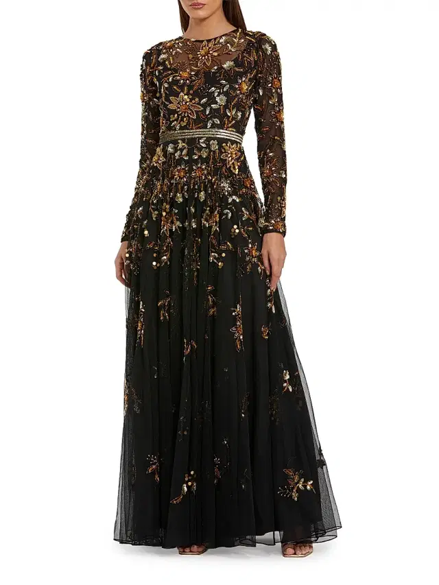 Women's Embellished Chiffon Gown - Black Gold