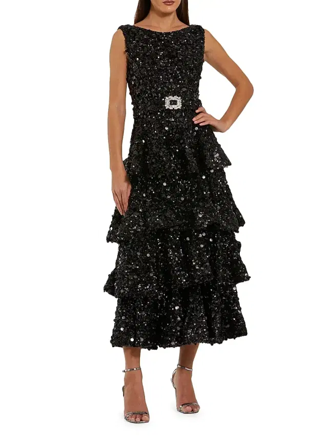 Women's Sequined Tiered Midi-Dress - Black