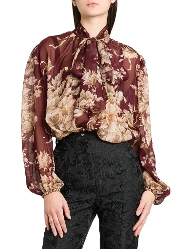 Dolce & Gabbana Women's Italian Tailoring Rose Silk Tie-Neck Blouse | Thumbnail 3 Dolce & Gabbana Women's Italian Tailoring Rose Silk Tie-Neck Blouse | Thumbnail 3