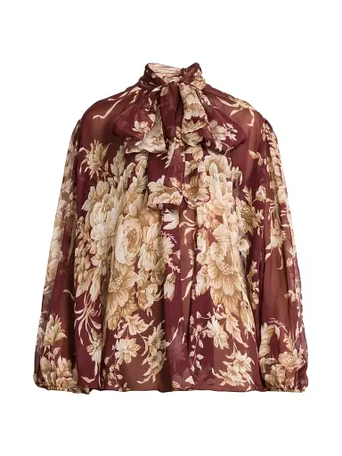 Dolce & Gabbana Women's Italian Tailoring Rose Silk Tie-Neck Blouse | Thumbnail 1 Dolce & Gabbana Women's Italian Tailoring Rose Silk Tie-Neck Blouse | Thumbnail 1