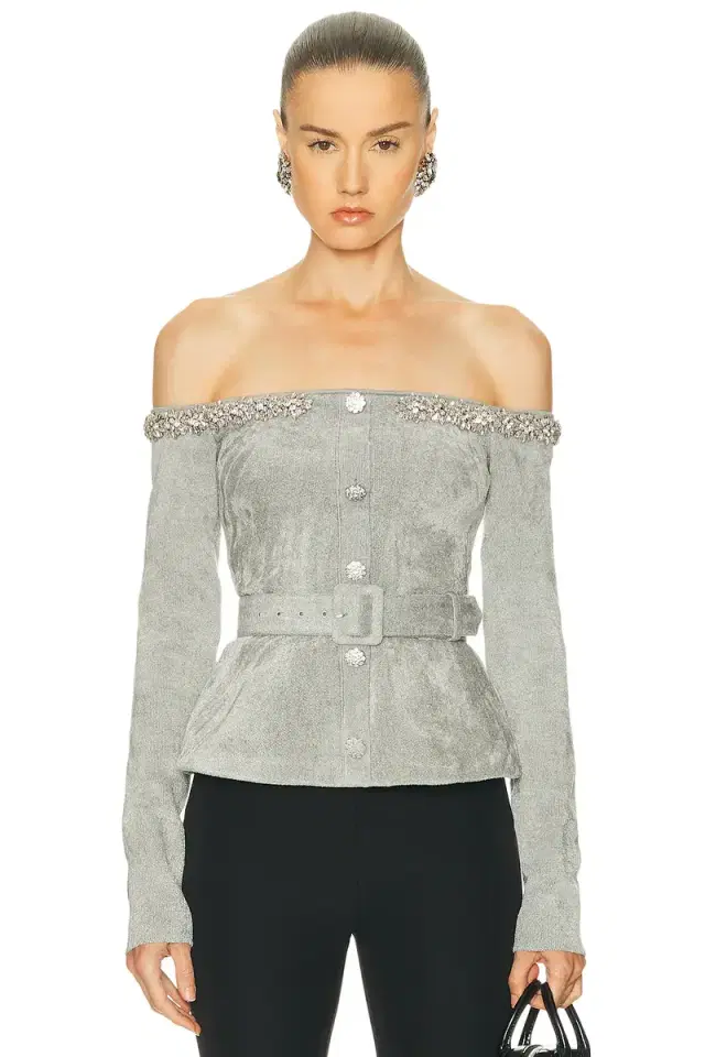 self-portrait Chenille Knit Crystal Trim Top