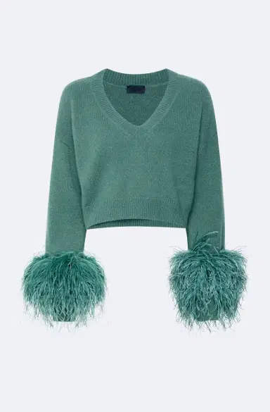 LAPOINTE Cashmere Cropped V Neck Sweater With Feathers | Thumbnail 4 LAPOINTE Cashmere Cropped V Neck Sweater With Feathers | Thumbnail 4