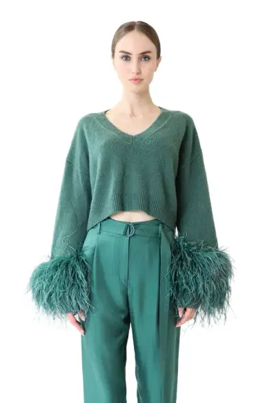 LAPOINTE Cashmere Cropped V Neck Sweater With Feathers | Thumbnail 1 LAPOINTE Cashmere Cropped V Neck Sweater With Feathers | Thumbnail 1