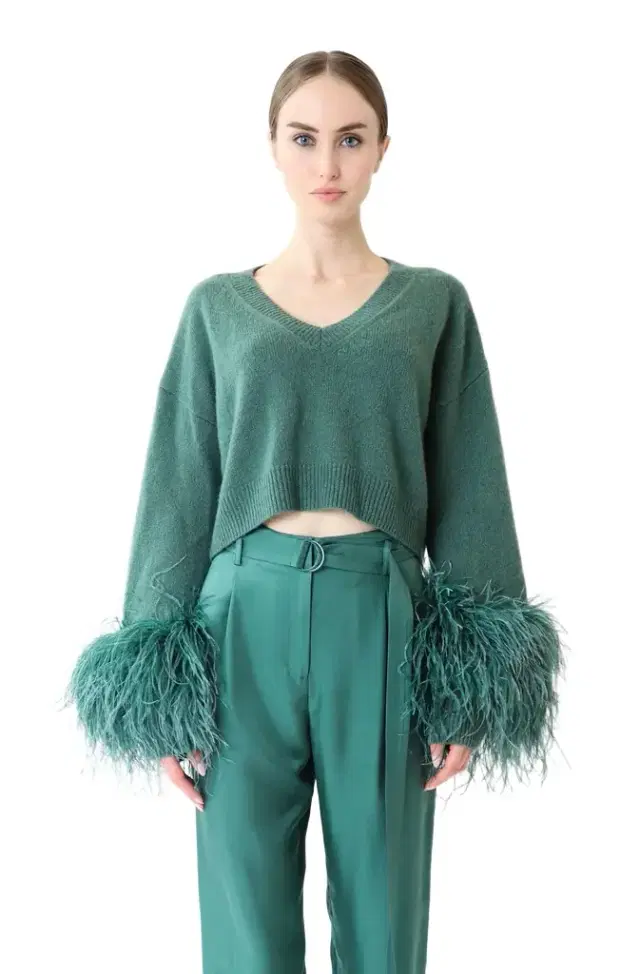 Cashmere Cropped V Neck Sweater With Feathers