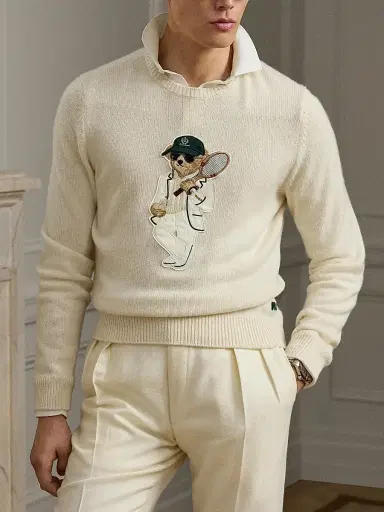 Ralph Lauren Purple Label Men's Tennis Polo Bear Cashmere Crewneck Sweater - Classic Cream - Size Medium | Thumbnail 8 Ralph Lauren Purple Label Men's Tennis Polo Bear Cashmere Crewneck Sweater - Classic Cream - Size Medium | Thumbnail 8