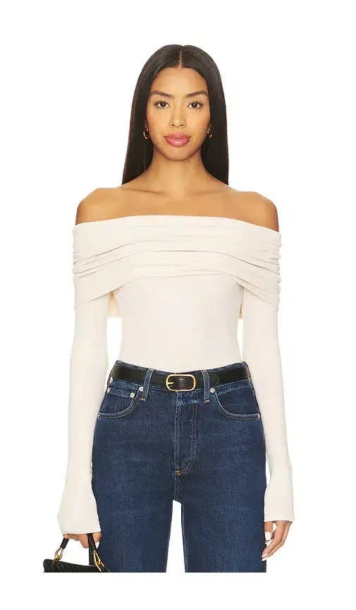 Enza Costa Silk Rib Long Sleeve Off-shoulder Top