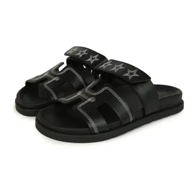 HERMÈS Hermes Embroidered Chypre Techno Sandals Black Calfskin Palladium Hardware 36 EU | Thumbnail 1