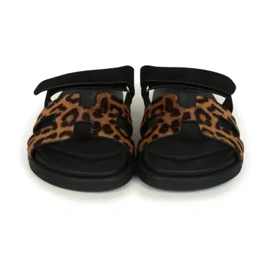 HERMÈS Hermes Leopard Print Chypre Techno Sandals Gold & Black Moire, Calfskin & Suede Palladium Hardware 37 EU | Thumbnail 2