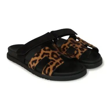 HERMÈS Hermes Leopard Print Chypre Techno Sandals Gold & Black Moire, Calfskin & Suede Palladium Hardware 37 EU | Thumbnail 3