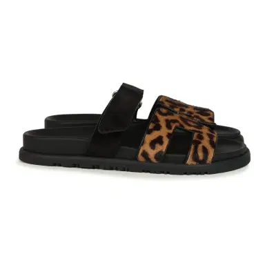 HERMÈS Hermes Leopard Print Chypre Techno Sandals Gold & Black Moire, Calfskin & Suede Palladium Hardware 37 EU | Thumbnail 4
