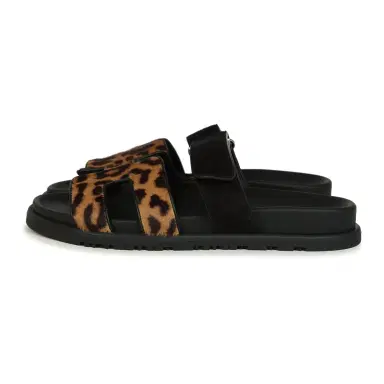 HERMÈS Hermes Leopard Print Chypre Techno Sandals Gold & Black Moire, Calfskin & Suede Palladium Hardware 37 EU | Thumbnail 5