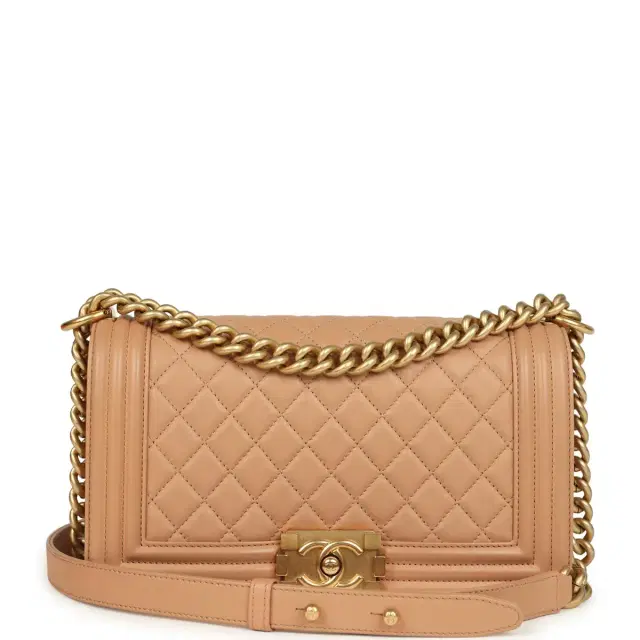 Chanel Preowned Chanel Medium Boy Bag Dark Beige Lambskin Antique Gold Hardware