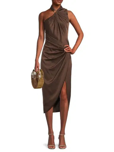 Aidan Mattox Women's Satin Draped Asymmetric Cocktail Dress - Espresso | Thumbnail 2