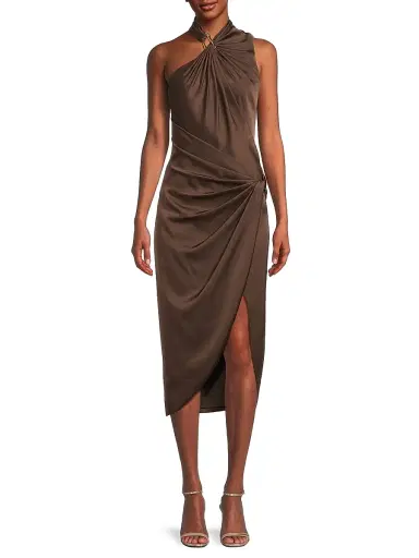 Aidan Mattox Women's Satin Draped Asymmetric Cocktail Dress - Espresso | Thumbnail 3