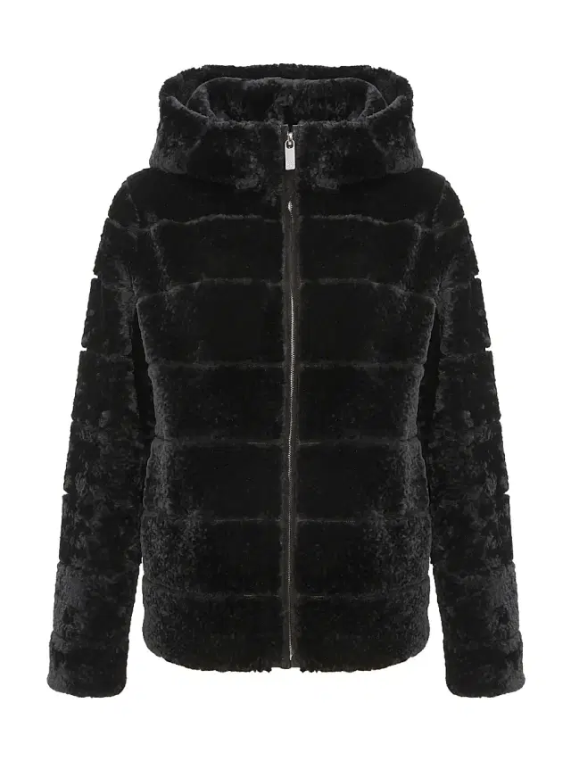 Gorski Women's Horizontal Curly Shearling Lamb Zip Jacket with Hood - Black